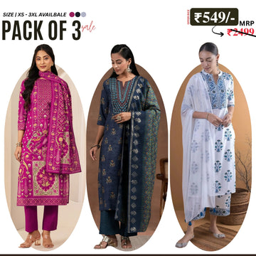 Pack of 3 Floral Print Cotton Kurta Set with Dupatta | KD-10