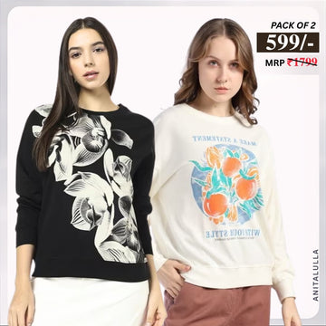 2 Stylish Sweatshirts in Black-Print & Beige | Soft, Cozy & Trendy | Up to 50% Off |SS-04