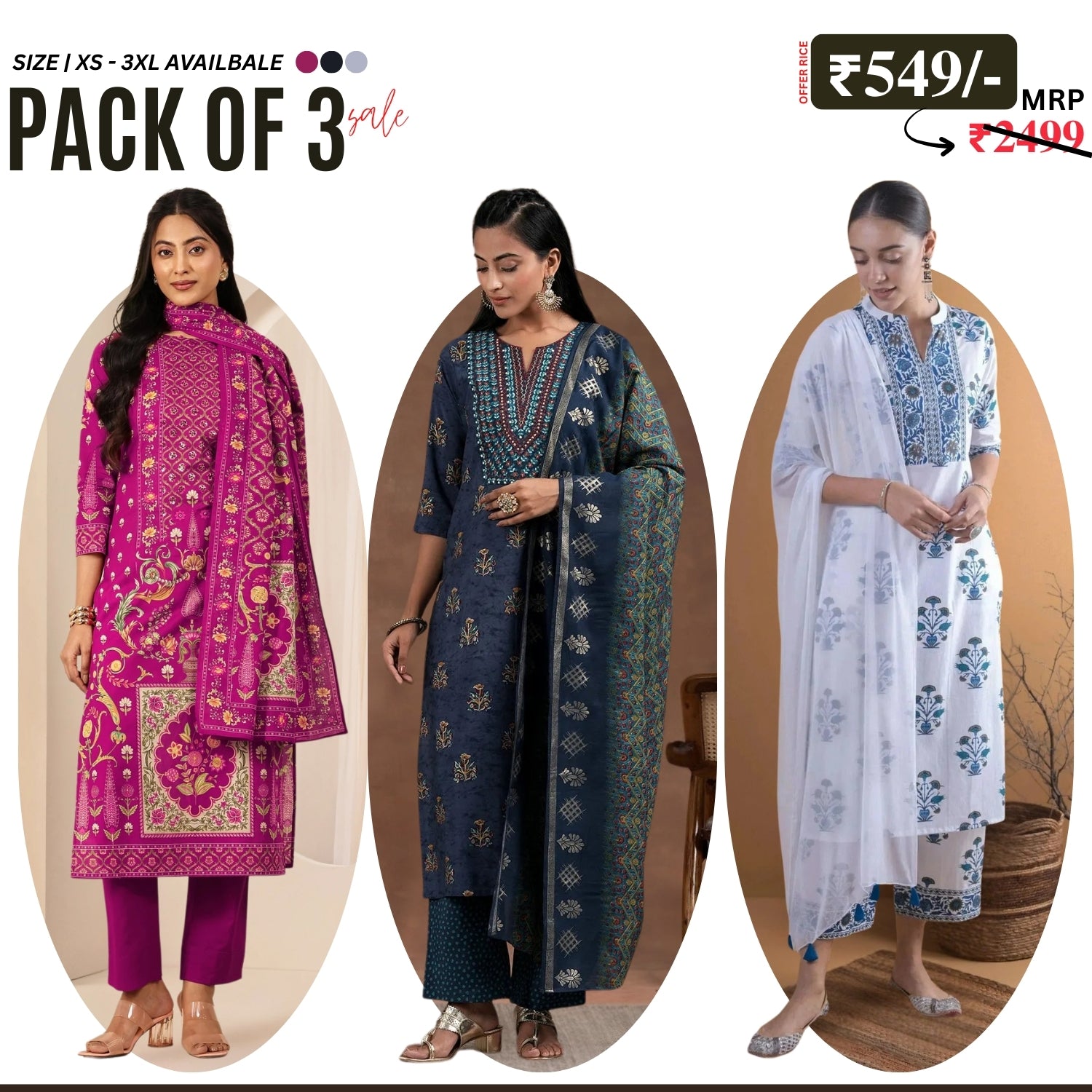 Pack of 3 Floral Print Cotton Kurta Set with Dupatta | KD-10