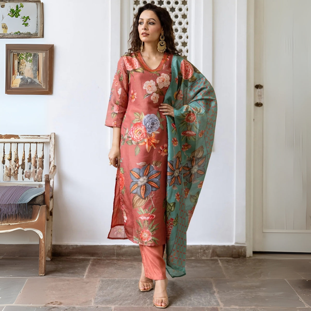 Pack of 3 Floral Print Cotton Kurta Set with Dupatta | KD-03