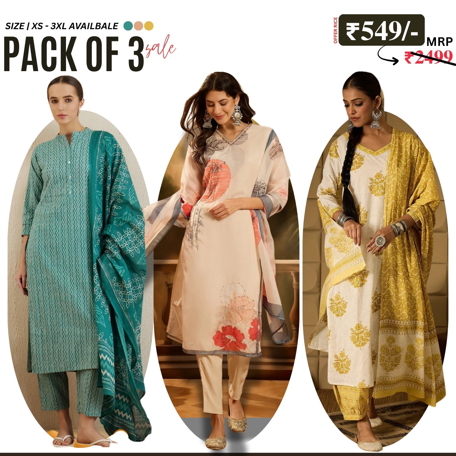 Pack of 3 Floral Print Cotton Kurta Set with Dupatta | KD-02
