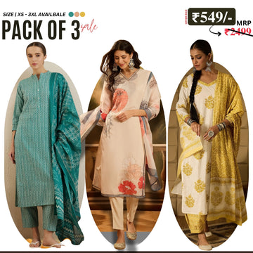 Pack of 3 Floral Print Cotton Kurta Set with Dupatta | KD-02