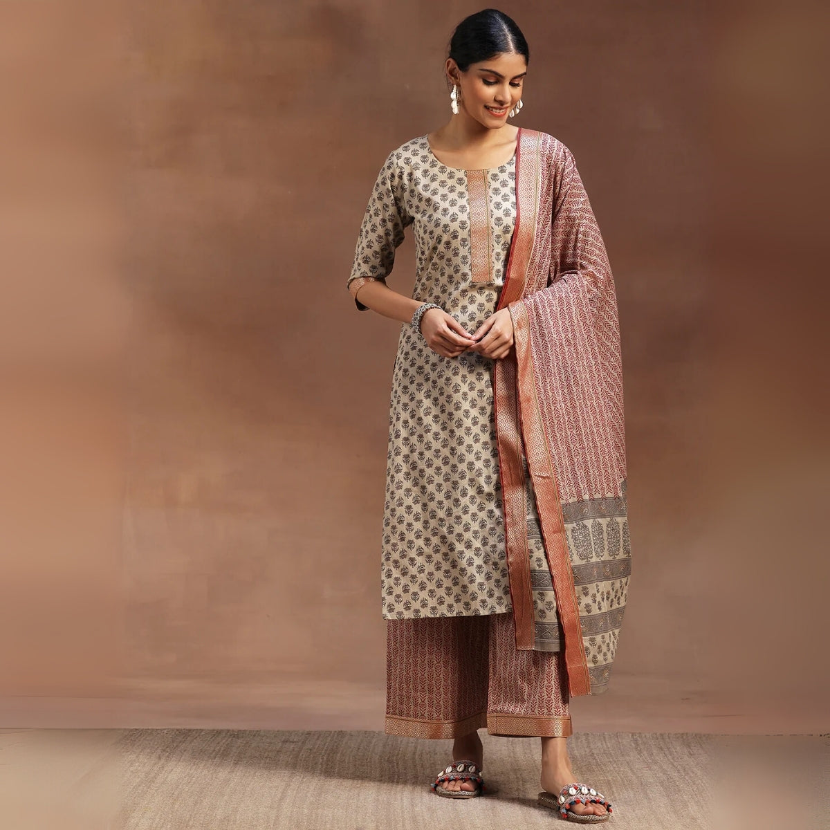 Pack of 3 Floral Print Cotton Kurta Set with Dupatta | KD-05