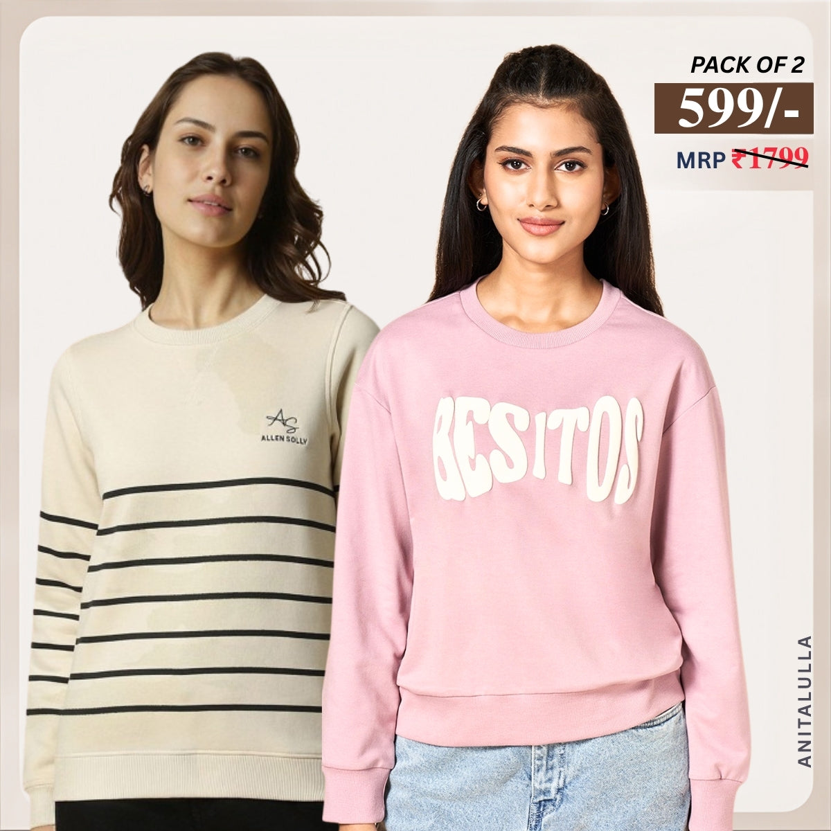 2 Stylish Sweatshirts in Beige& Baby-Pink| Soft, Cozy & Trendy | Up to 50% Off |SS-10