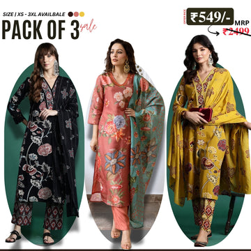 Pack of 3 Floral Print Cotton Kurta Set with Dupatta | KD-03