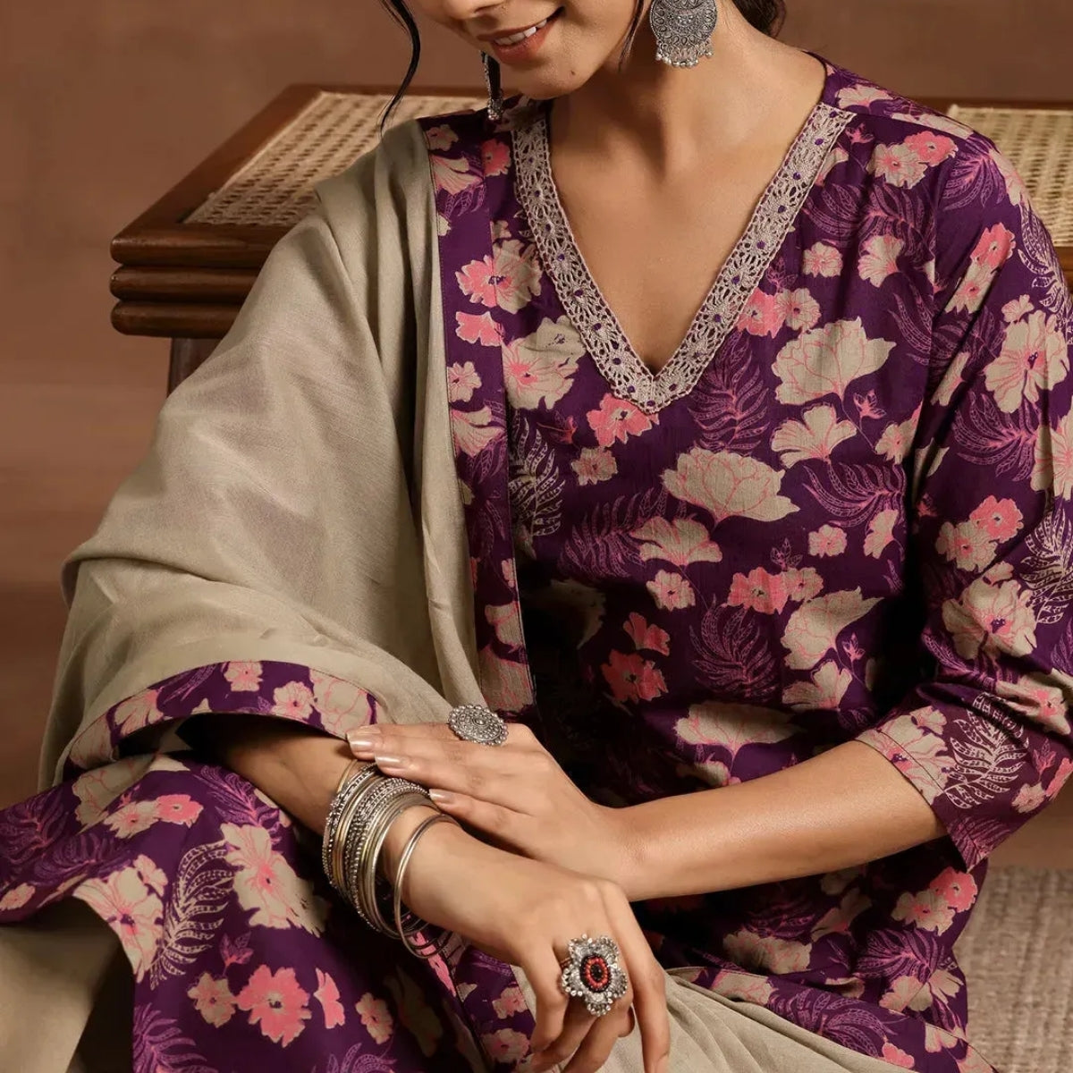 Pack of 3 Floral Print Cotton Kurta Set with Dupatta | KD-04