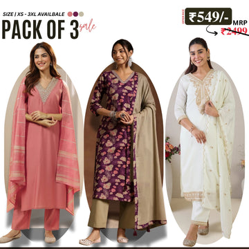 Pack of 3 Floral Print Cotton Kurta Set with Dupatta | KD-04