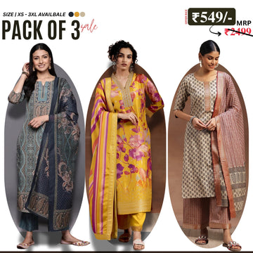 Pack of 3 Floral Print Cotton Kurta Set with Dupatta | KD-05