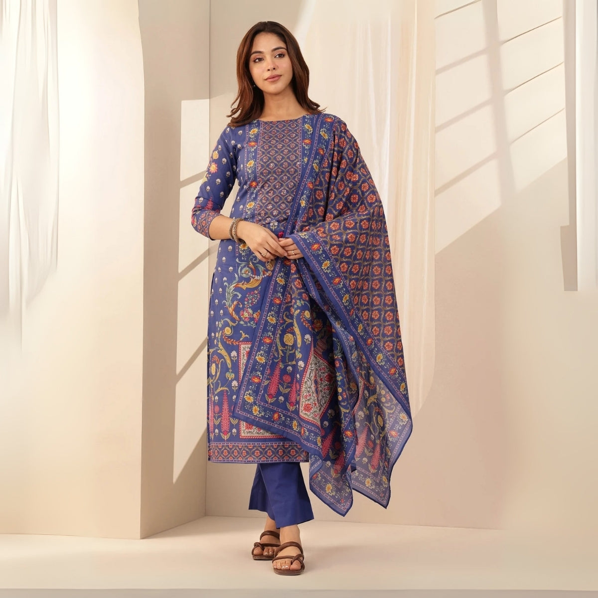 Pack of 3 Floral Print Cotton Kurta Set with Dupatta | KD-08