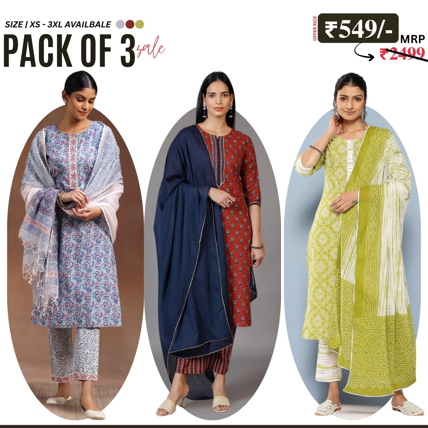 Pack of 3 Floral Print Cotton Kurta Set with Dupatta | KD-06
