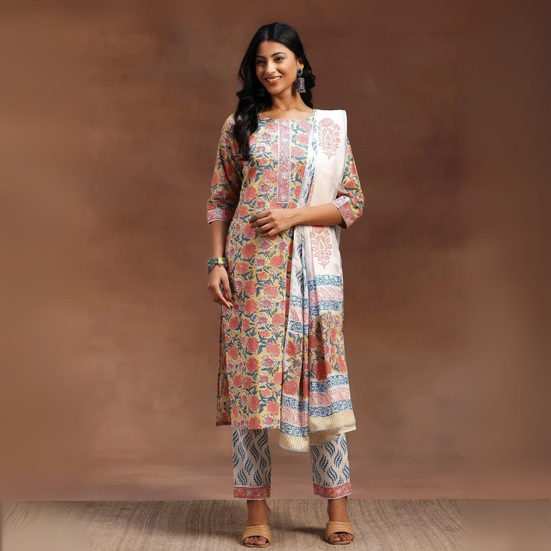 Pack of 3 Floral Print Cotton Kurta Set with Dupatta | KD-07