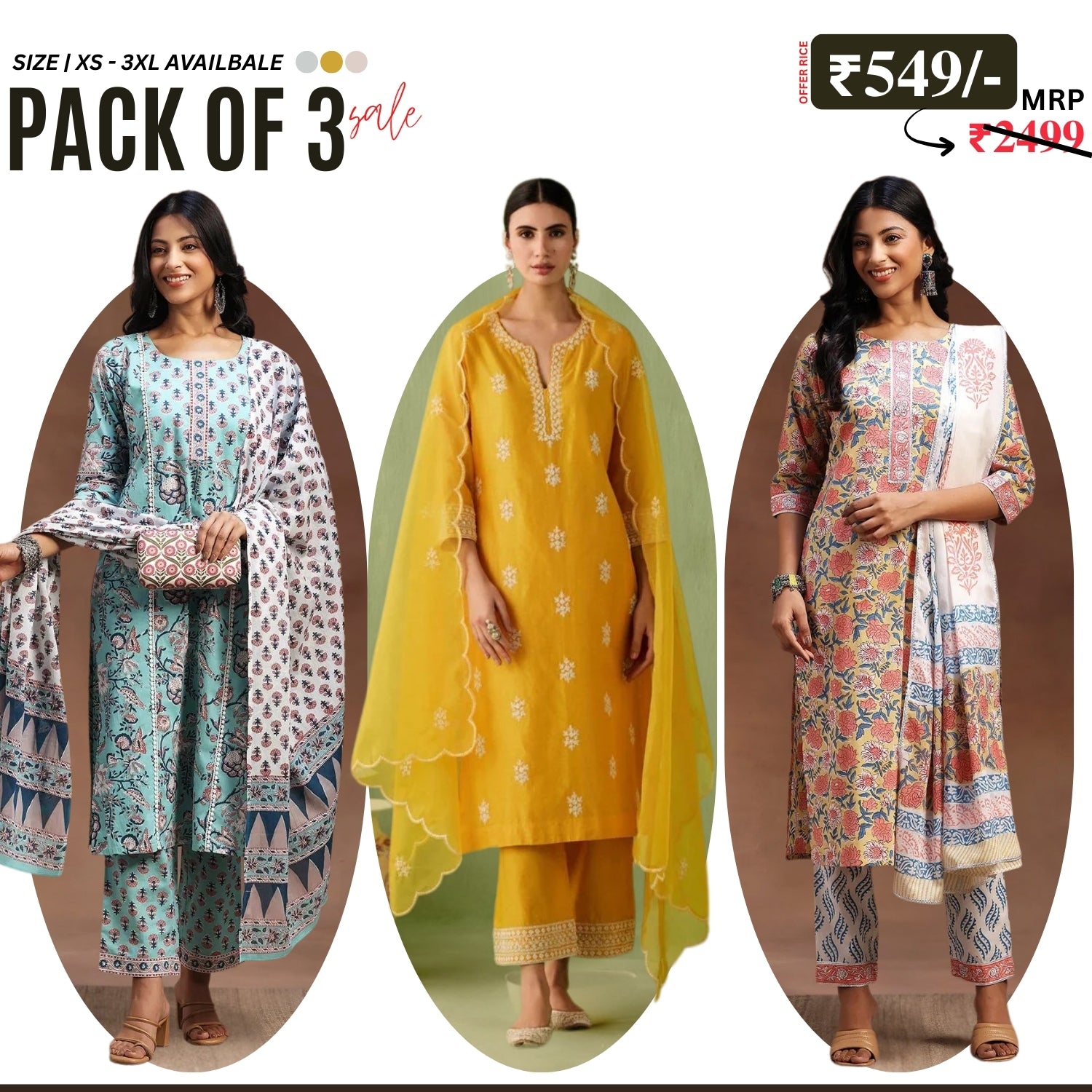 Pack of 3 Floral Print Cotton Kurta Set with Dupatta | KD-07