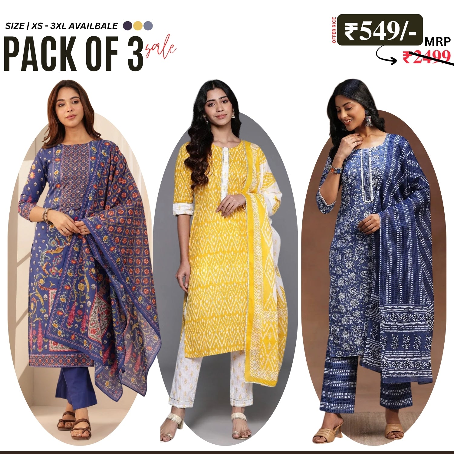 Pack of 3 Floral Print Cotton Kurta Set with Dupatta | KD-08