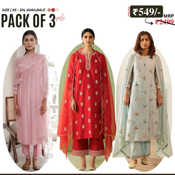Pack of 3 Floral Print Cotton Kurta Set with Dupatta | KD-09