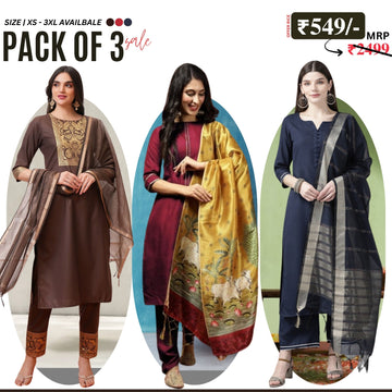 Pack of 3 Floral Print Cotton Kurta Set with Dupatta | KD-01
